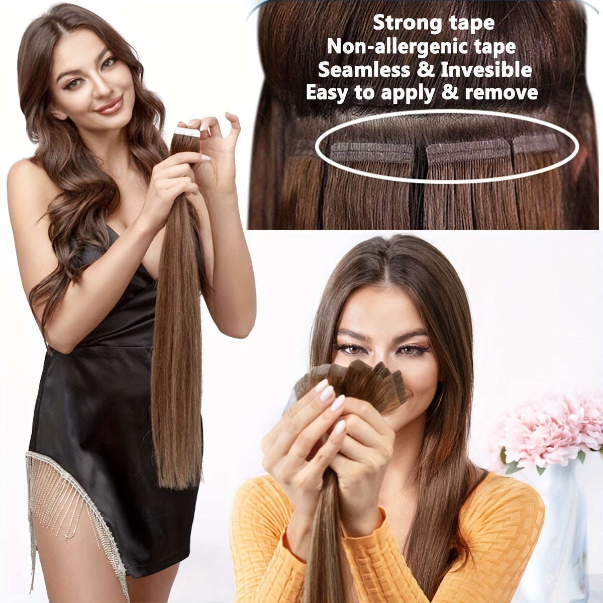 20PCS/50G Tape In 100% Human Hair Extensions Seamless Skin Weft Smooth Remy Hair Full Head 16/18/20Inch Long Straight Feel Soft & Natural Looking Mix Color