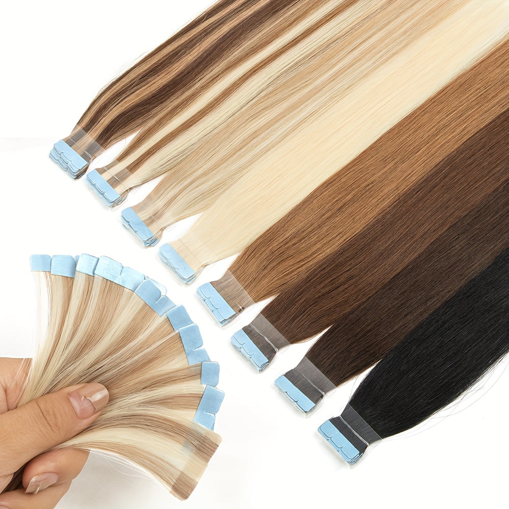 Mini Human Hair Extensions - Double Side Invisible Tape, Natural Straight, 10pcs/set, Black/Brown/Blonde, 12-24 inches