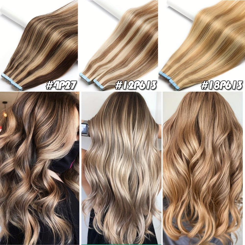 20PCS/50G Tape In 100% Human Hair Extensions Seamless Skin Weft Smooth Remy Hair Full Head 16/18/20Inch Long Straight Feel Soft & Natural Looking Mix Color