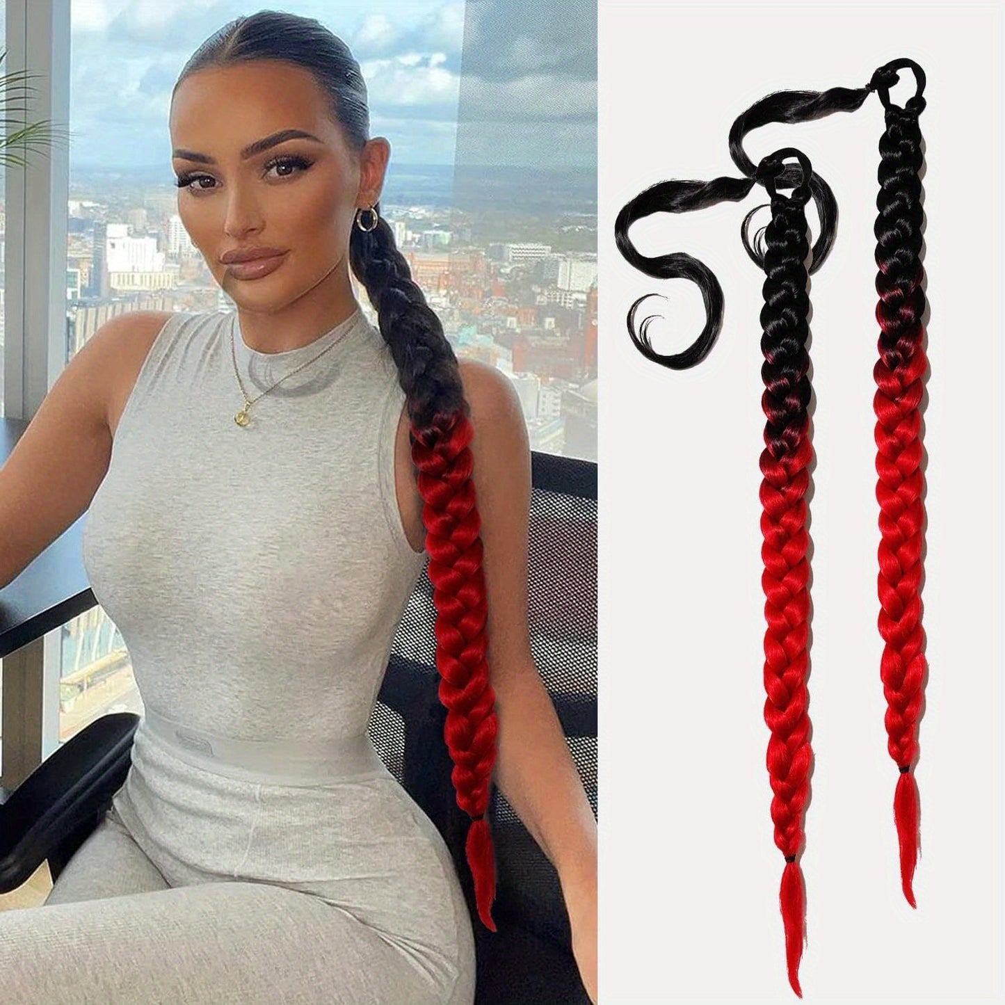 2PCS 76.2 cm Long Braided Ponytail Extension - Soft, Natural-Looking, DIY Wrap Around Hair Piece with Hair Tie - Straight, Synthetic Hair for Women and Girls