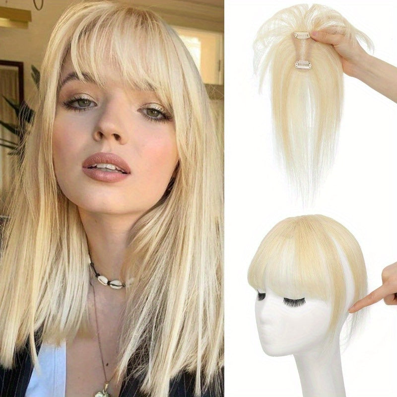 1pc Human Hair T-Shaped Wig Block Cover with French Bangs - Straight Hair Hair Topper for Women & Men, Real Human Hair, Easy to Tidy & Match Styles, Elegant Design for All Ethnicities, Hair Wig, Versatile Hairstyle Enhancer, Secure Fit Cap