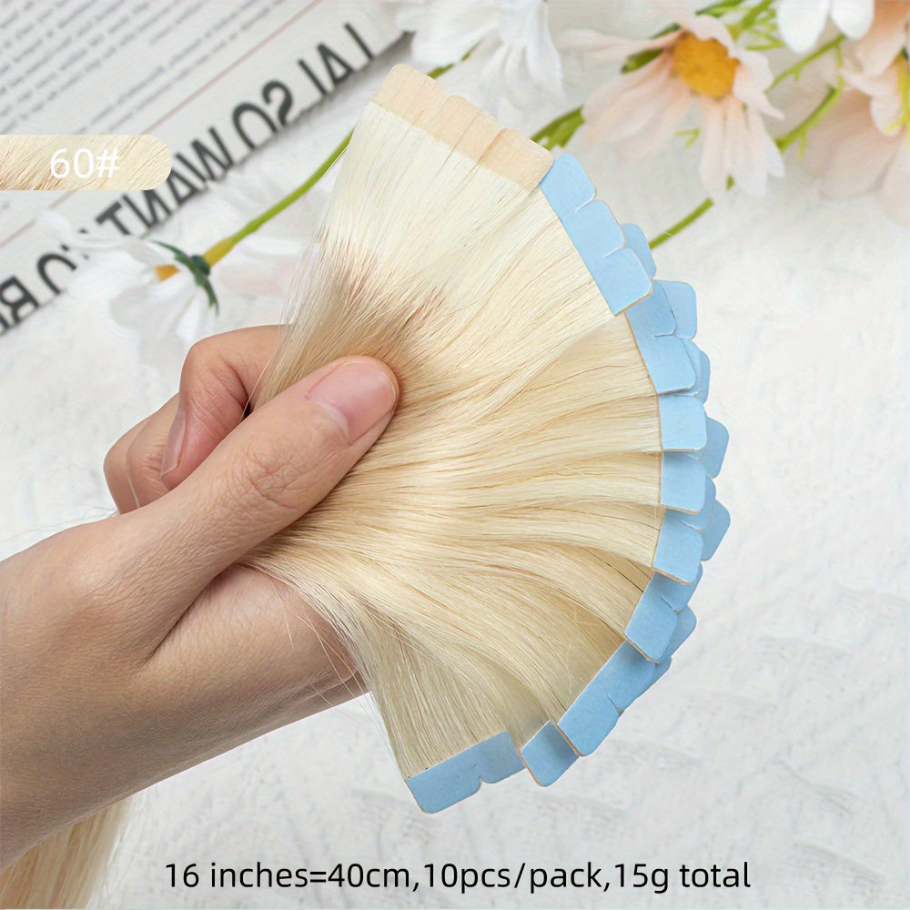 Mini Human Hair Extensions - Double Side Invisible Tape, Natural Straight, 10pcs/set, Black/Brown/Blonde, 12-24 inches