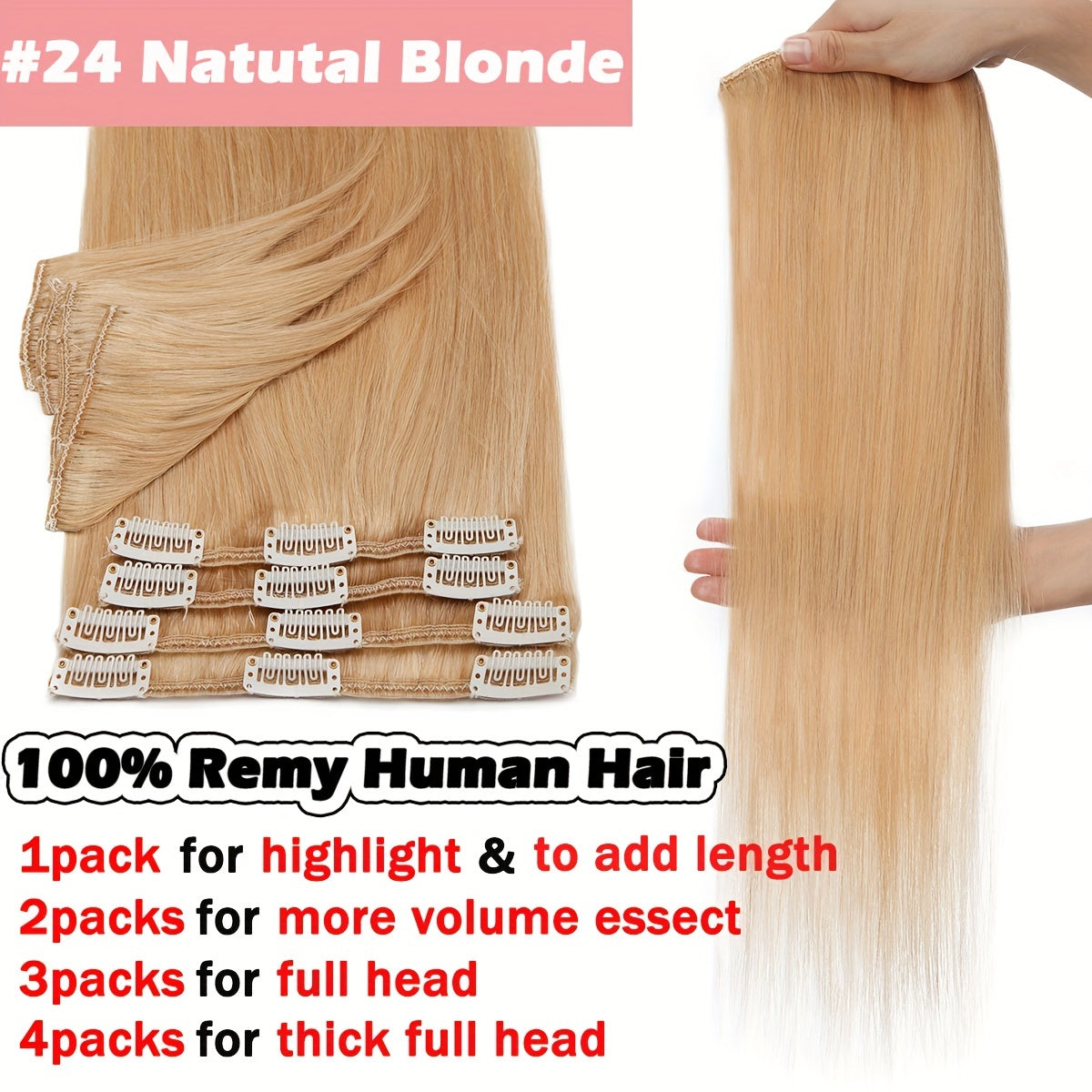 16-24Inch Clip Hair 100% Remy Human Hair Extensions 8 Pieces Full Head Long Short Standard Wefts Soft & Natural Hair Extensions