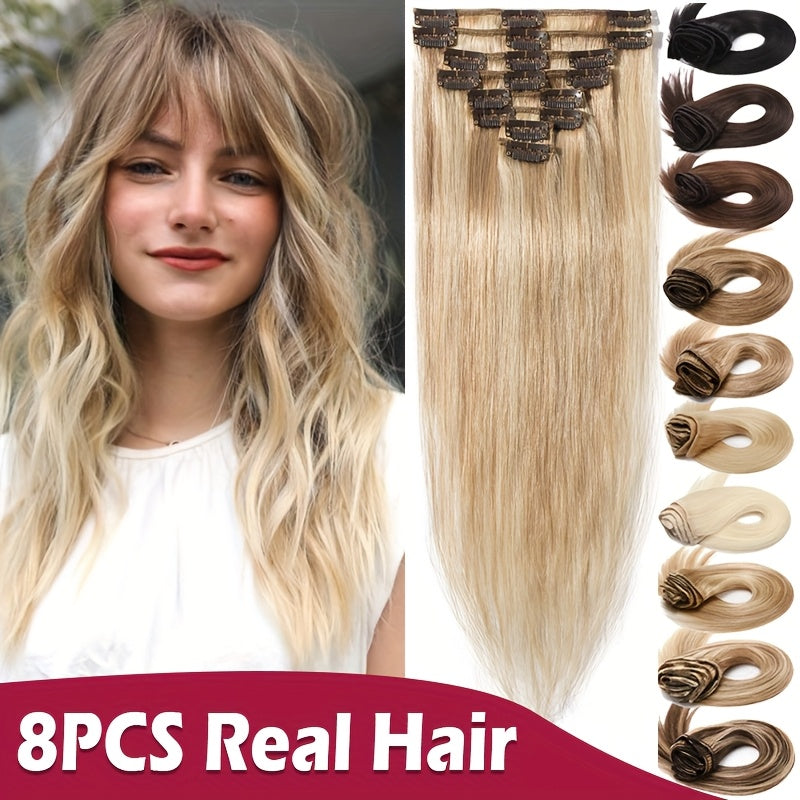 16-24Inch Clip Hair 100% Remy Human Hair Extensions 8 Pieces Full Head Long Short Standard Wefts Soft & Natural Hair Extensions