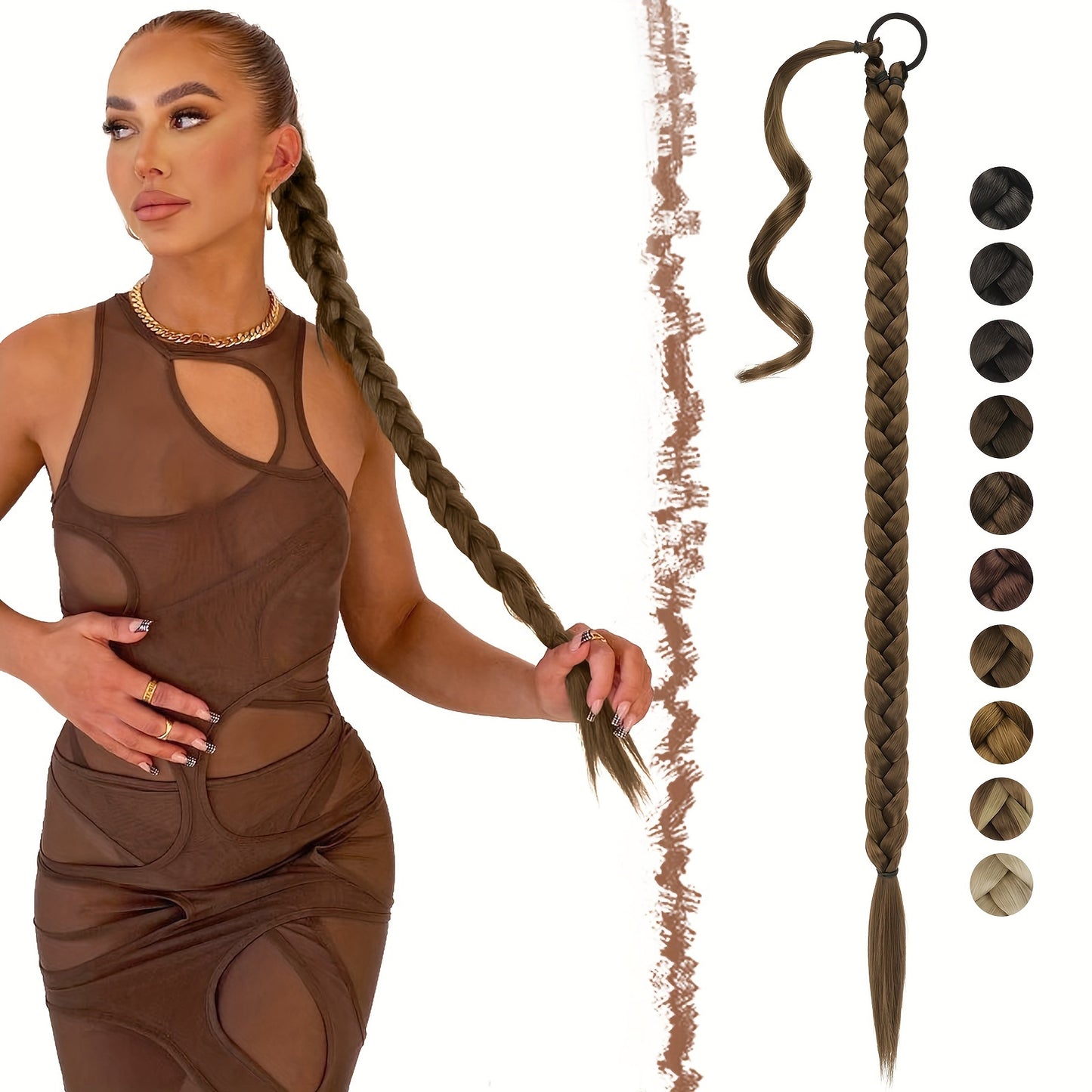 FESHFEN Long Braided Ponytail Extension with Hair Tie, Straight Wrap Around Hair Piece Ponytails for Women Syntheti Pony Hairpieces for Daily Wear