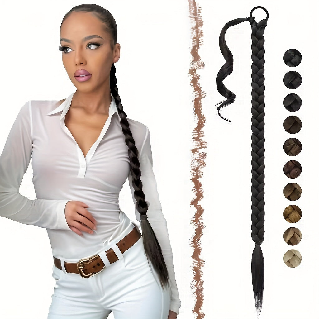 FESHFEN Long Braided Ponytail Extension with Hair Tie, Straight Wrap Around Hair Piece Ponytails for Women Syntheti Pony Hairpieces for Daily Wear
