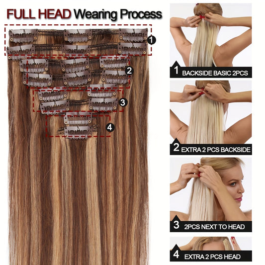 16-24Inch Clip Hair 100% Remy Human Hair Extensions 8 Pieces Full Head Long Short Standard Wefts Soft & Natural Hair Extensions