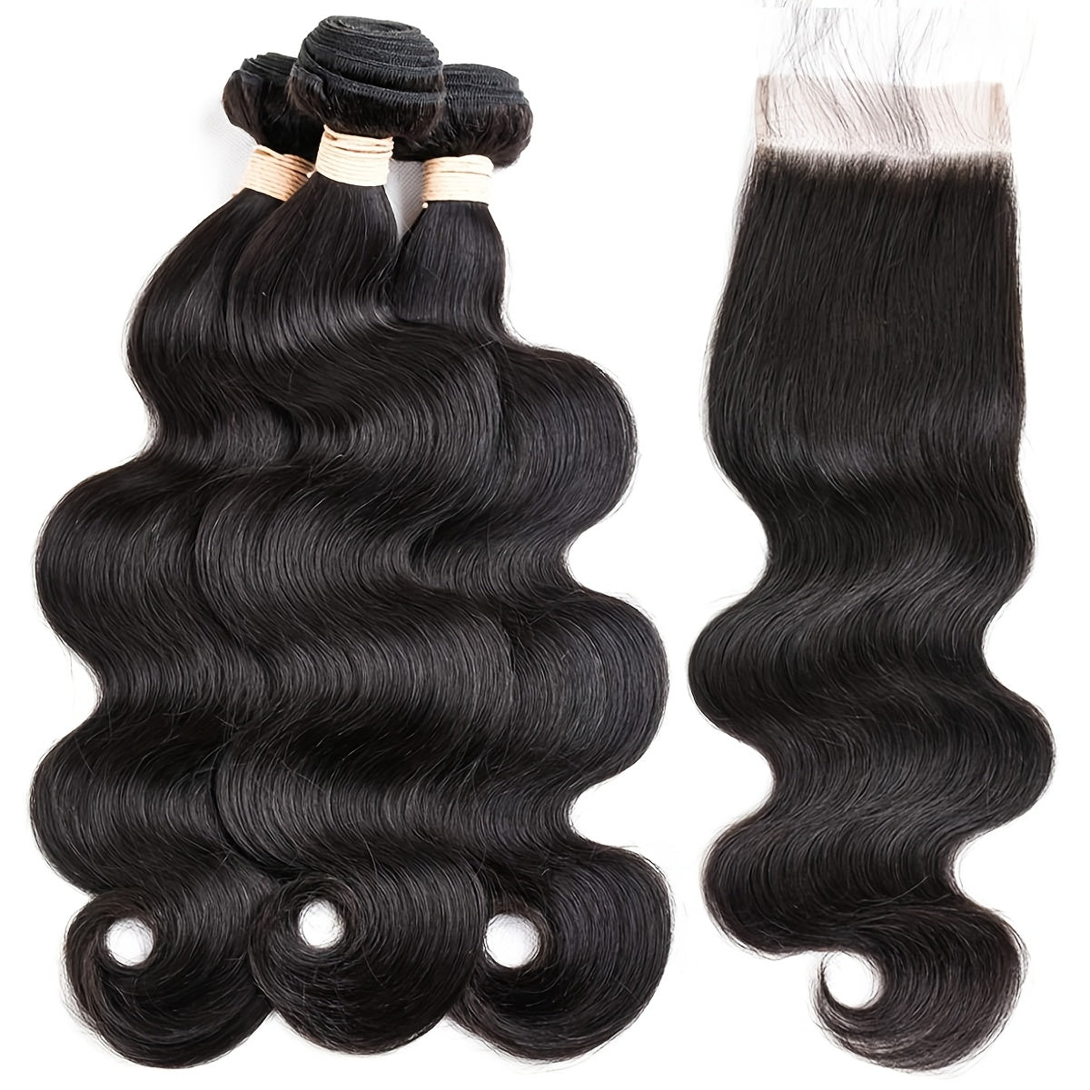 3+1 Bonus Body Wave Human Hair Bundles with HD Lace Closure - Brazilian Virgin Hair, 4x4 Free Part, Natural Black, Voluminous Body Wave Curl, for African American Women - Everyday & Special Events, Styling Versatility, Elegant Hairdo