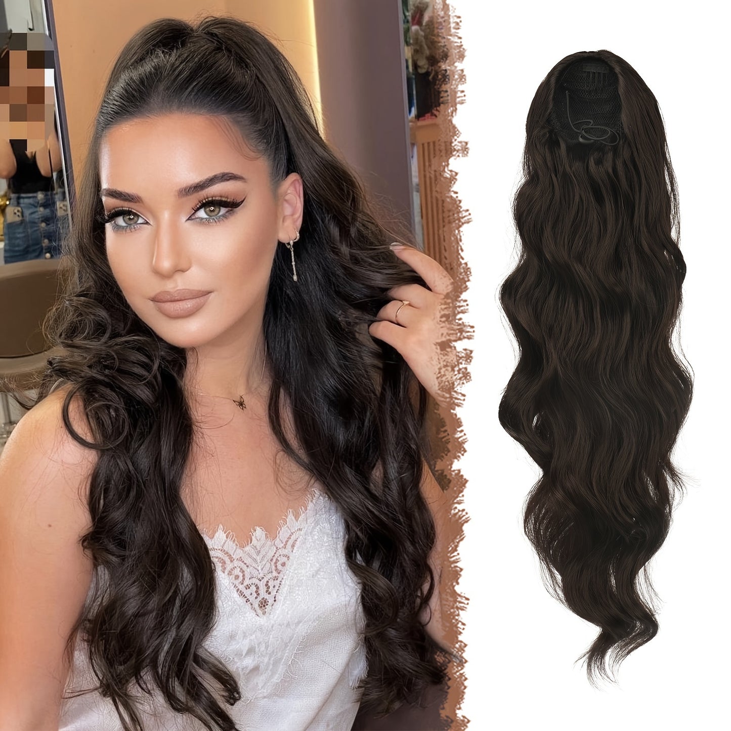 FESHFEN Long Ponytail Extension Curly Wavy Clip In Synthetic Hairpieces Drawstring Ponytail Pony Tail Hairpiece Hair Pony Extension For Women Girls