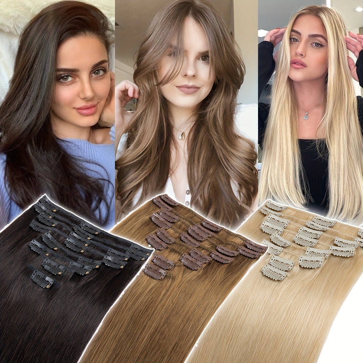 16-24Inch Clip Hair 100% Remy Human Hair Extensions 8 Pieces Full Head Long Short Standard Wefts Soft & Natural Hair Extensions