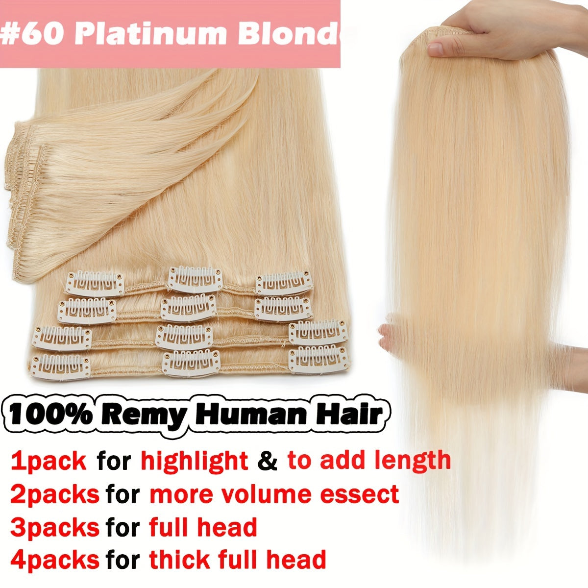 16-24Inch Clip Hair 100% Remy Human Hair Extensions 8 Pieces Full Head Long Short Standard Wefts Soft & Natural Hair Extensions