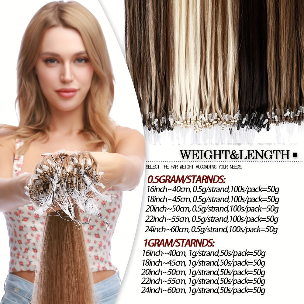 50 Strands Invisible Micro Loop Hair Extensions - 100% Human Hair, 50g Pack, Straight Hair with Nano Beads for Fuller, Longer Hair - Perfect for Women of All Ethnicities, Hair Volume Enhancement | Versatile Hair Styling | Secure Loop Design