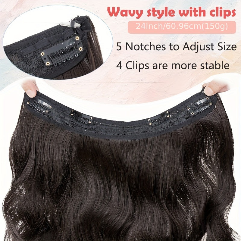 24-inch Wavy Curly Hair Extension With Invisible Headband, Adjustable Size, 4 Safety Clips, Secret Hair Extension Clips For Ladies