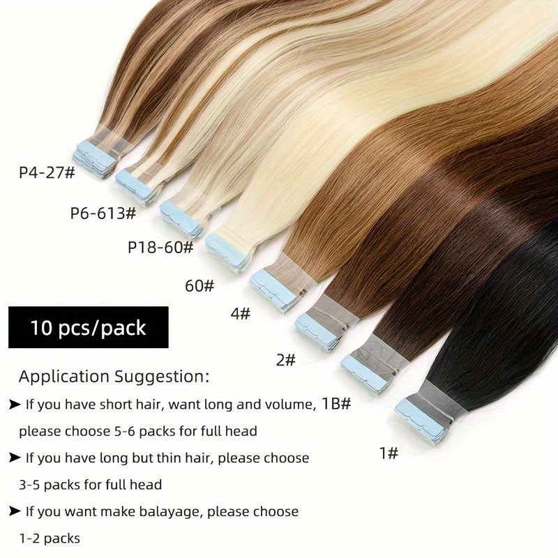 Mini Human Hair Extensions - Double Side Invisible Tape, Natural Straight, 10pcs/set, Black/Brown/Blonde, 12-24 inches