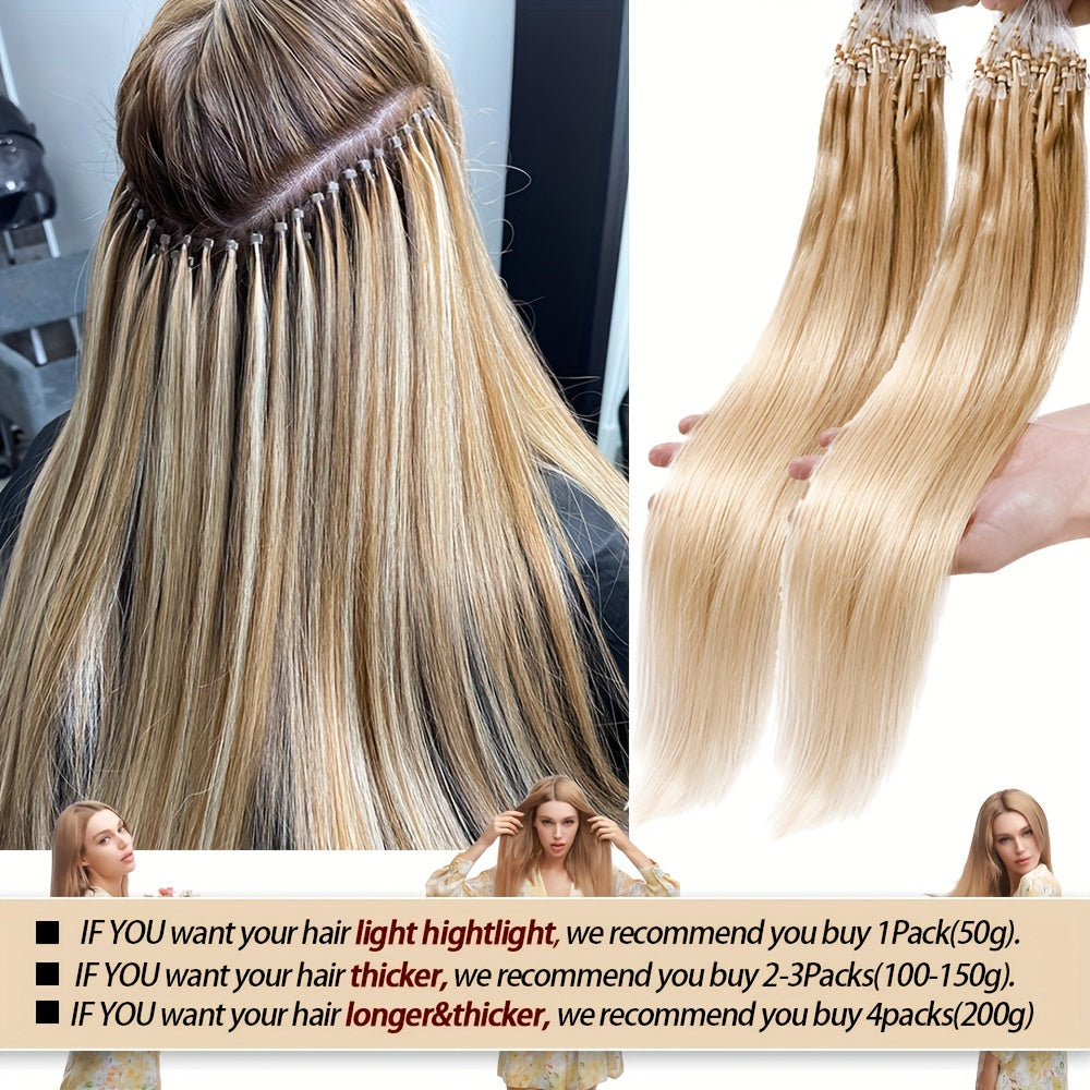 50 Strands Invisible Micro Loop Hair Extensions - 100% Human Hair, 50g Pack, Straight Hair with Nano Beads for Fuller, Longer Hair - Perfect for Women of All Ethnicities, Hair Volume Enhancement | Versatile Hair Styling | Secure Loop Design