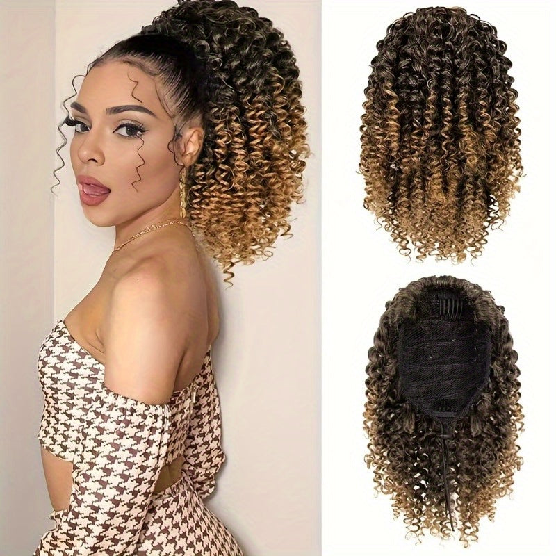 4-inch Women's curly ponytail extension - voluminous synthetic African curly hair drawstring ponytail, comes with two clips, natural black curls, suitable for fashionable buns, ponytail extensions