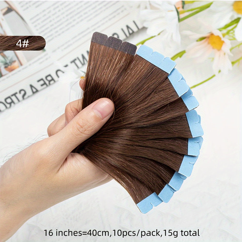 Mini Human Hair Extensions - Double Side Invisible Tape, Natural Straight, 10pcs/set, Black/Brown/Blonde, 12-24 inches