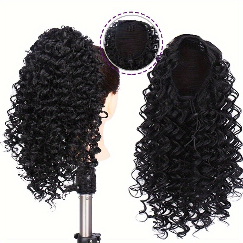 4-inch Women's curly ponytail extension - voluminous synthetic African curly hair drawstring ponytail, comes with two clips, natural black curls, suitable for fashionable buns, ponytail extensions