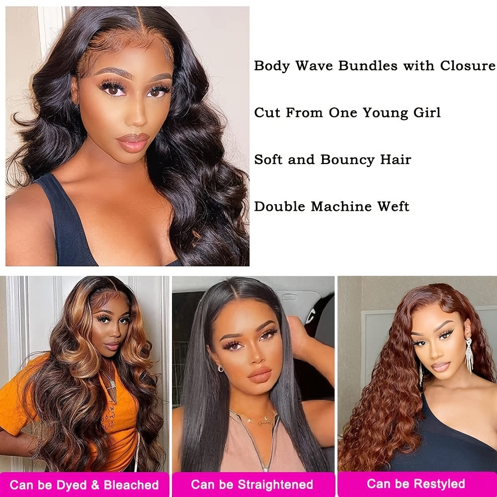 Brazilian Body Wave Virgin Human Hair Bundles With Lace Closure Human Hair Unprocessed Body Wave Hair Bundles With Closure 4X4 Lace Free Part Natural Black Hair