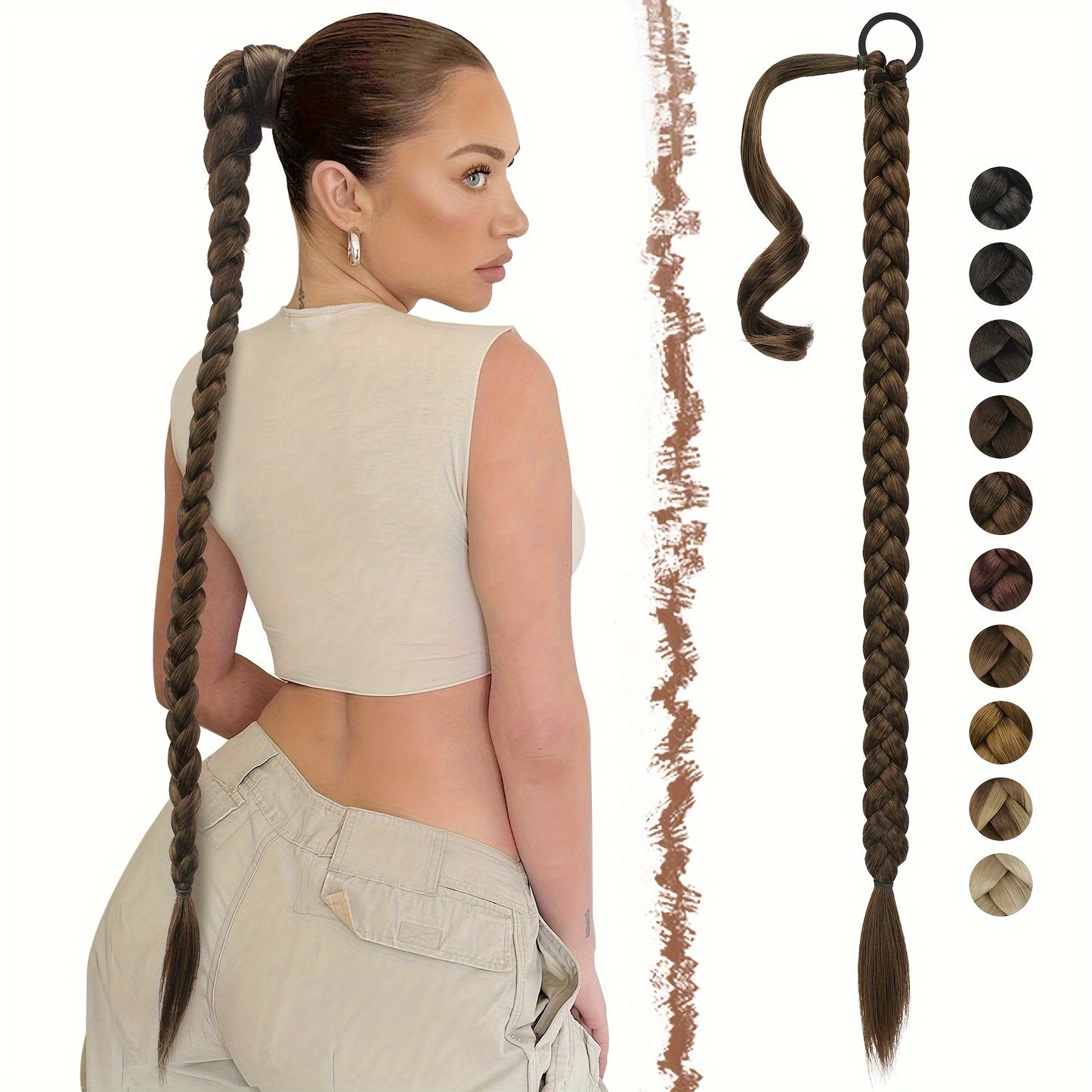FESHFEN Long Braided Ponytail Extension with Hair Tie, Straight Wrap Around Hair Piece Ponytails for Women Syntheti Pony Hairpieces for Daily Wear