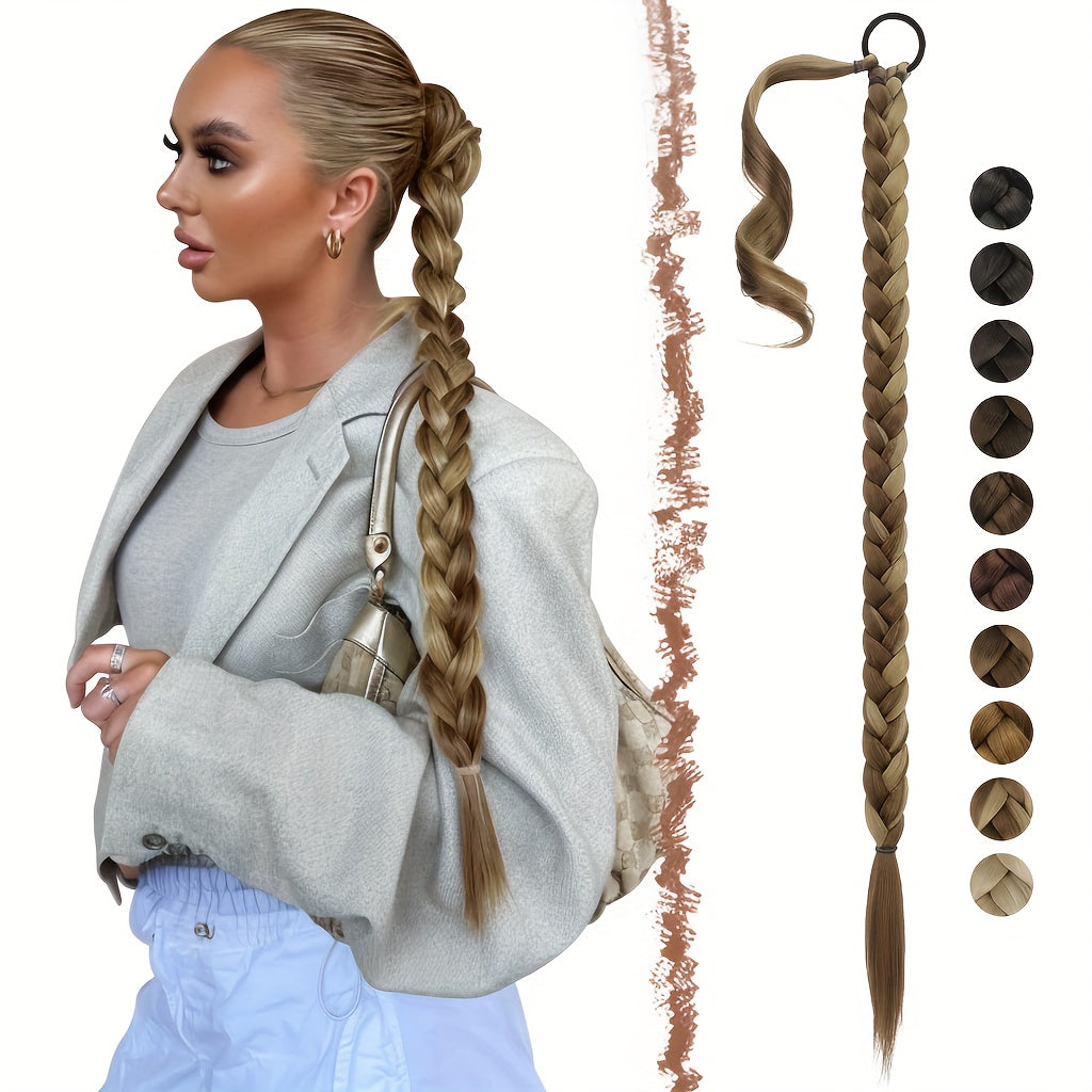 FESHFEN Long Braided Ponytail Extension with Hair Tie, Straight Wrap Around Hair Piece Ponytails for Women Syntheti Pony Hairpieces for Daily Wear