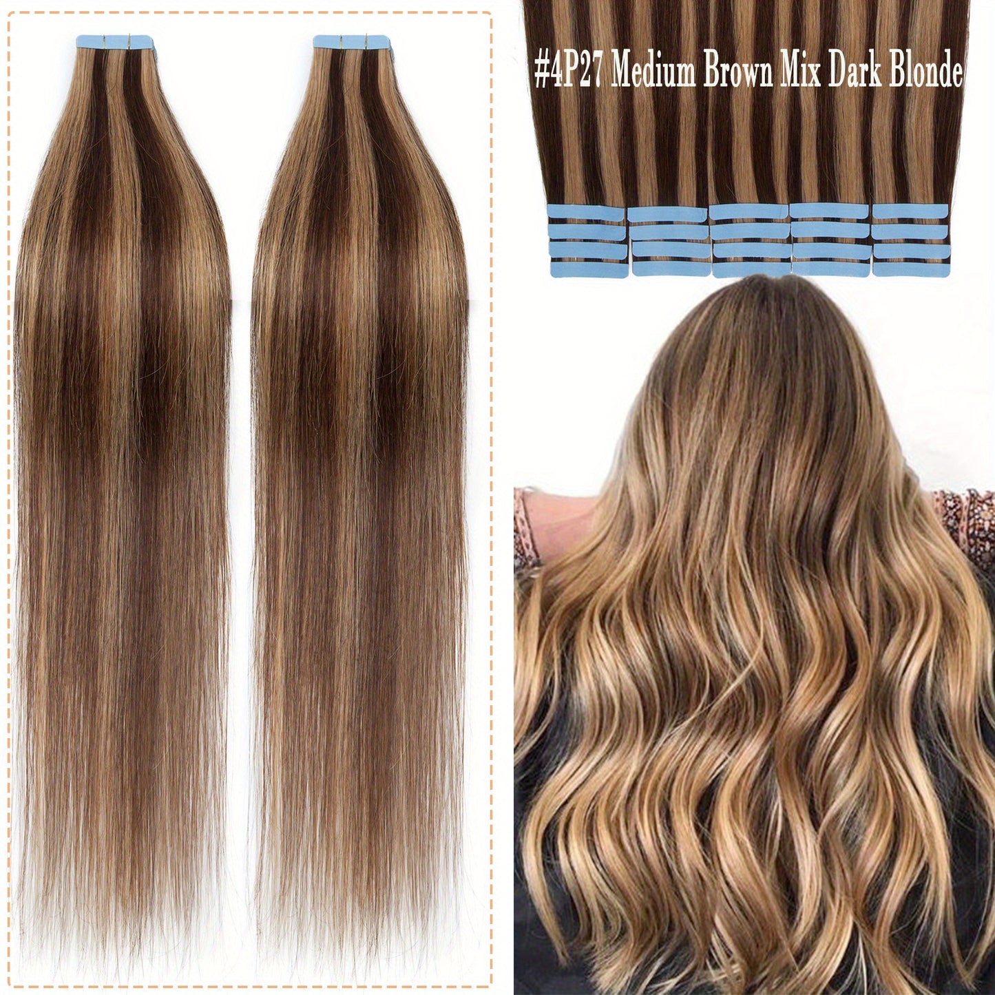 20PCS/50G Tape In 100% Human Hair Extensions Seamless Skin Weft Smooth Remy Hair Full Head 16/18/20Inch Long Straight Feel Soft & Natural Looking Mix Color