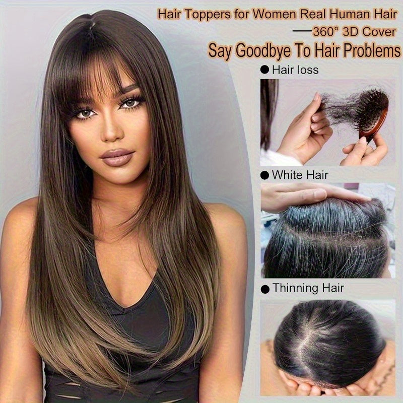 1pc Human Hair T-Shaped Wig Block Cover with French Bangs - Straight Hair Hair Topper for Women & Men, Real Human Hair, Easy to Tidy & Match Styles, Elegant Design for All Ethnicities, Hair Wig, Versatile Hairstyle Enhancer, Secure Fit Cap