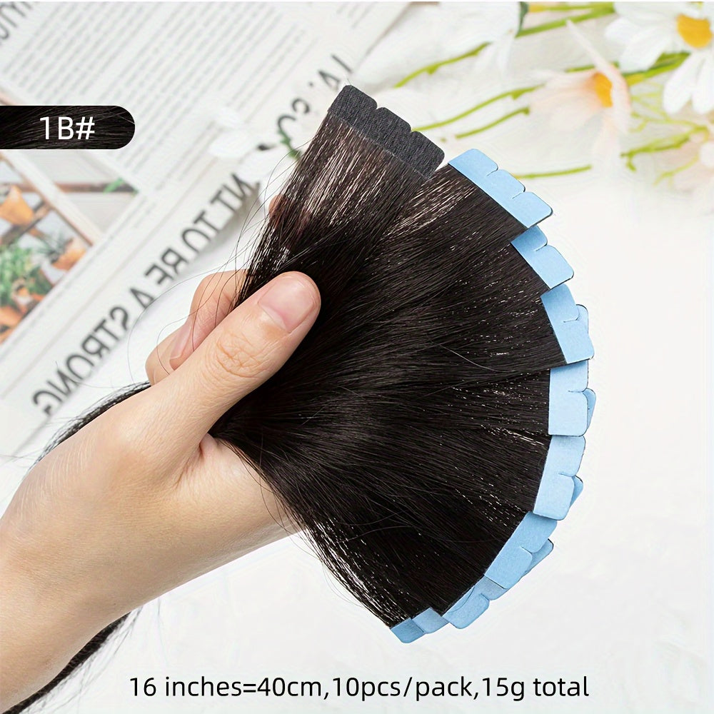 Mini Human Hair Extensions - Double Side Invisible Tape, Natural Straight, 10pcs/set, Black/Brown/Blonde, 12-24 inches