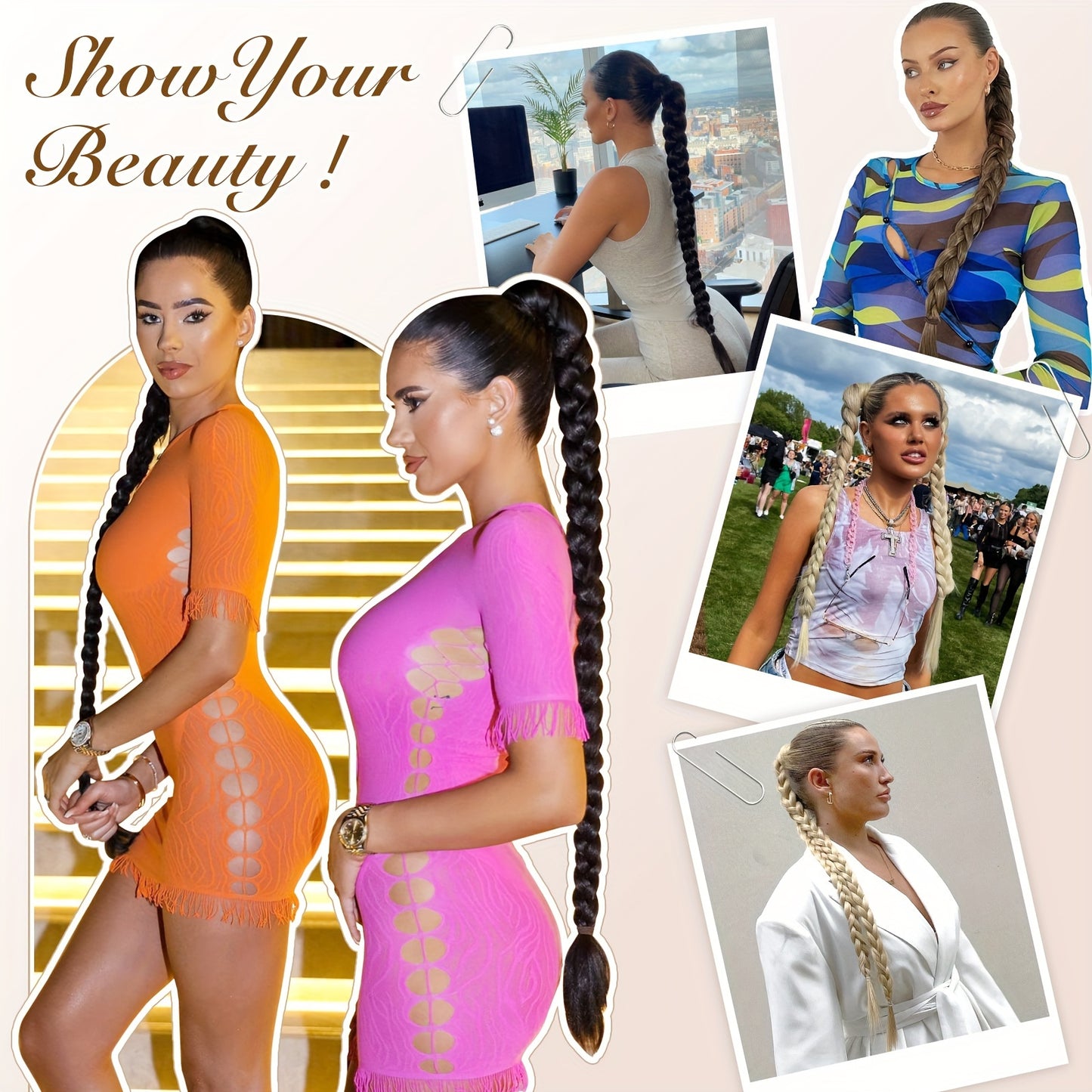 FESHFEN Long Braided Ponytail Extension with Hair Tie, Straight Wrap Around Hair Piece Ponytails for Women Syntheti Pony Hairpieces for Daily Wear