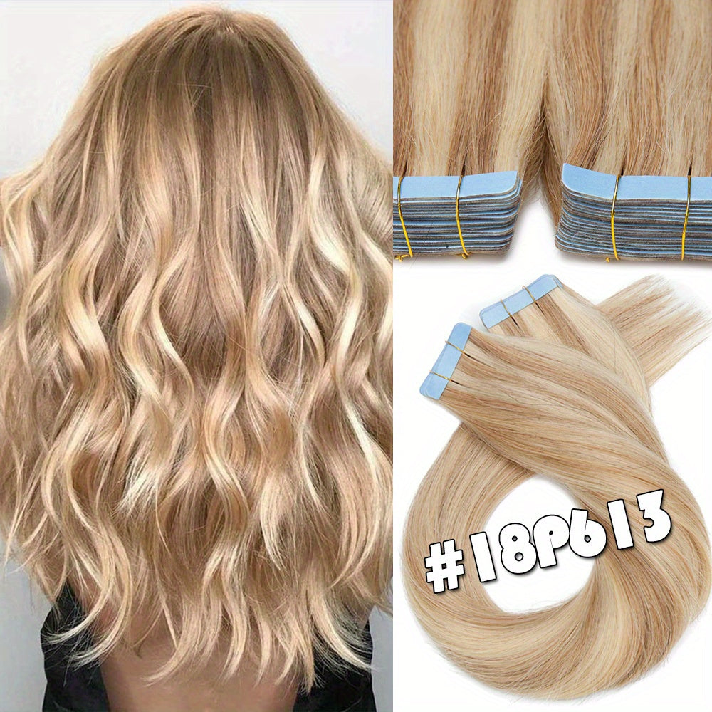 20PCS/50G Tape In 100% Human Hair Extensions Seamless Skin Weft Smooth Remy Hair Full Head 16/18/20Inch Long Straight Feel Soft & Natural Looking Mix Color