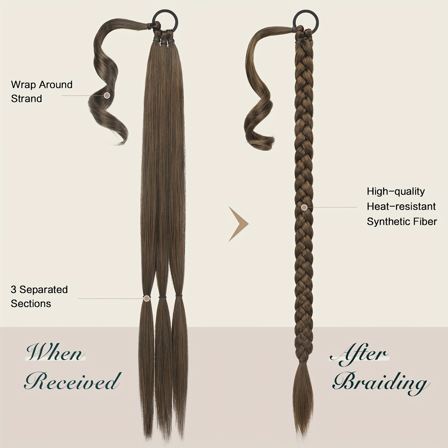 FESHFEN Long Braided Ponytail Extension with Hair Tie, Straight Wrap Around Hair Piece Ponytails for Women Syntheti Pony Hairpieces for Daily Wear