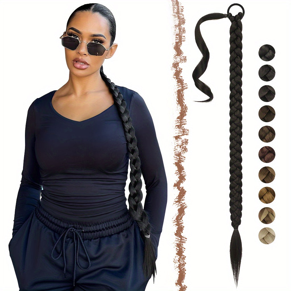 FESHFEN Long Braided Ponytail Extension with Hair Tie, Straight Wrap Around Hair Piece Ponytails for Women Syntheti Pony Hairpieces for Daily Wear