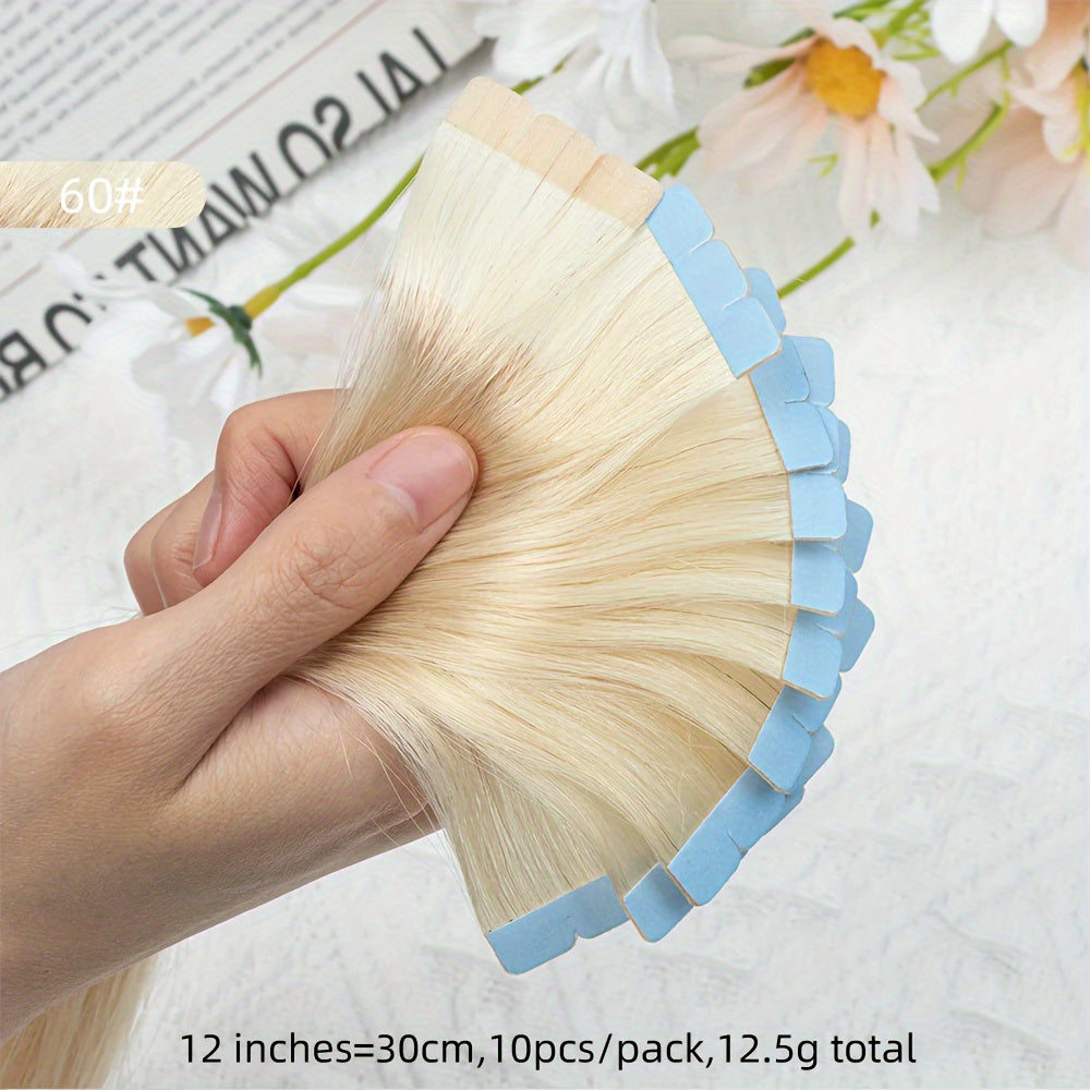 Mini Human Hair Extensions - Double Side Invisible Tape, Natural Straight, 10pcs/set, Black/Brown/Blonde, 12-24 inches