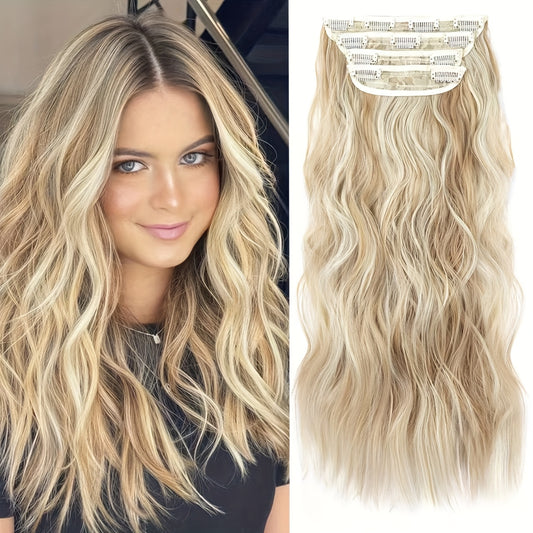 [Wavy Hair Extensions] Set of 4 Wavy And Curly Clip-In Hair Extensions with Highlights, 22 Inches Long, 180G Synthetic Hairpieces for Women, Perfect for Halloween And Christmas Hair Accessories