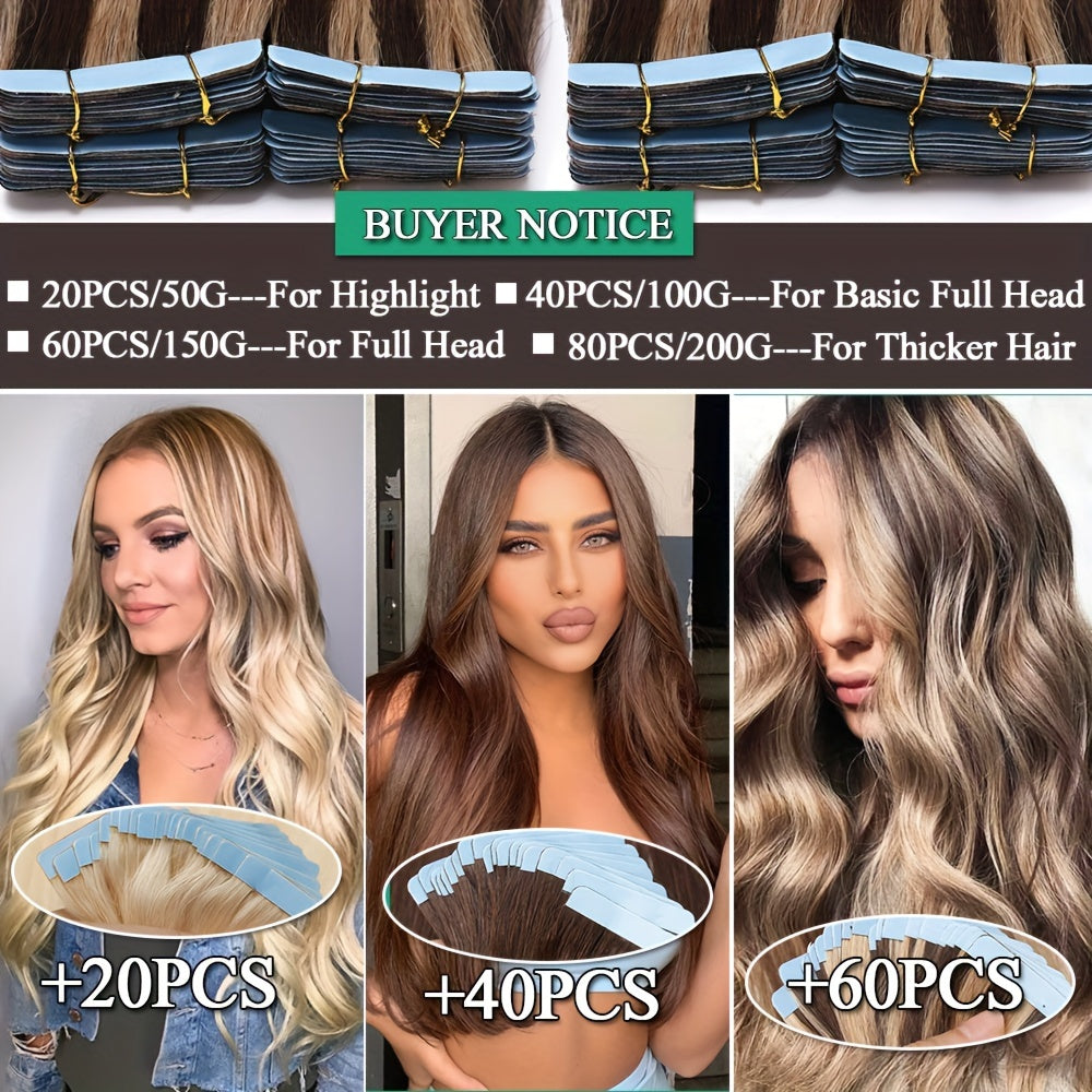 20PCS/50G Tape In 100% Human Hair Extensions Seamless Skin Weft Smooth Remy Hair Full Head 16/18/20Inch Long Straight Feel Soft & Natural Looking Mix Color