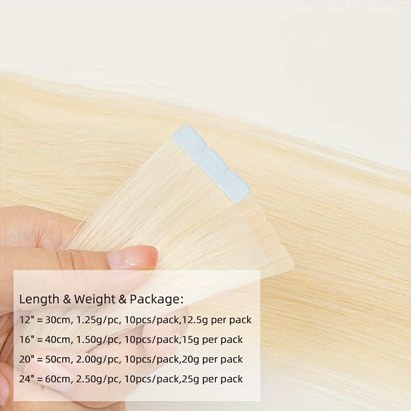 Mini Human Hair Extensions - Double Side Invisible Tape, Natural Straight, 10pcs/set, Black/Brown/Blonde, 12-24 inches