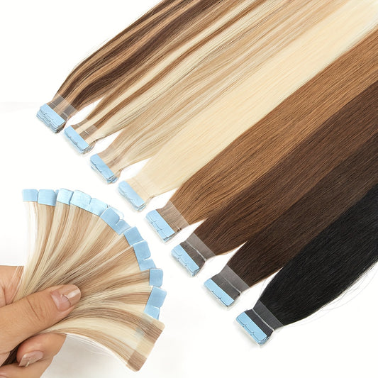 Mini Human Hair Extensions - Double Side Invisible Tape, Natural Straight, 10pcs/set, Black/Brown/Blonde, 12-24 inches