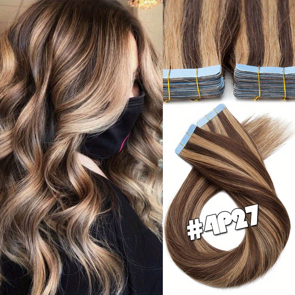 20PCS/50G Tape In 100% Human Hair Extensions Seamless Skin Weft Smooth Remy Hair Full Head 16/18/20Inch Long Straight Feel Soft & Natural Looking Mix Color