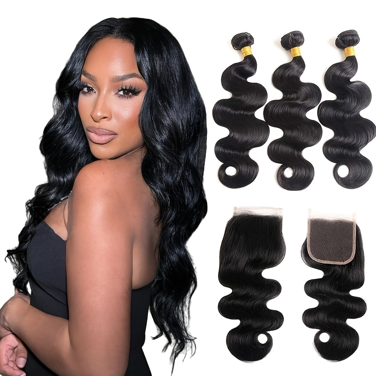 Body Wave Bundles With Closure Human Hair Human Hair Bundles With Closure 100% Brazilian Virgin Body Wave 3 Bundles Human Hair With 4x4 Lace Closure Natural Black