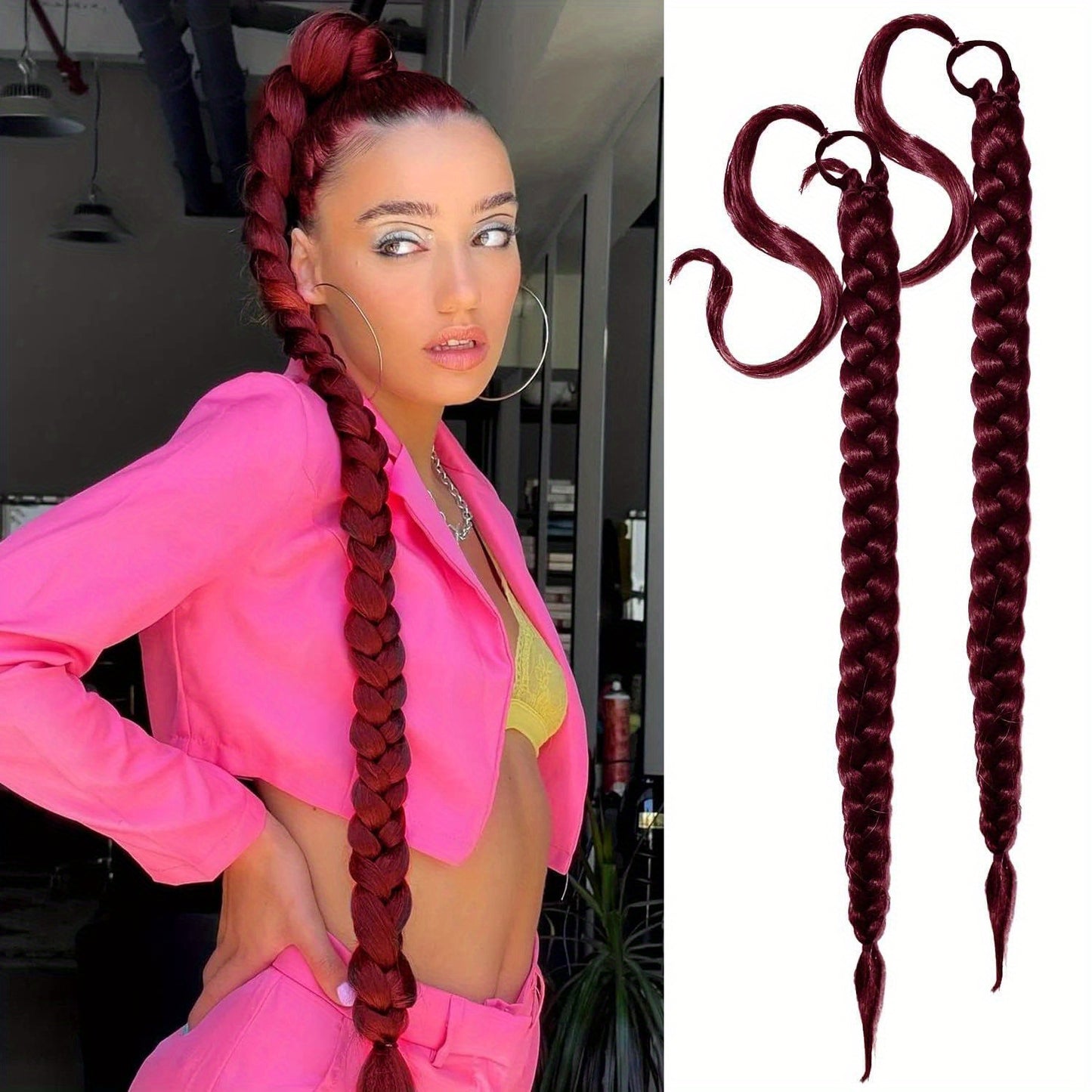 2PCS 76.2 cm Long Braided Ponytail Extension - Soft, Natural-Looking, DIY Wrap Around Hair Piece with Hair Tie - Straight, Synthetic Hair for Women and Girls