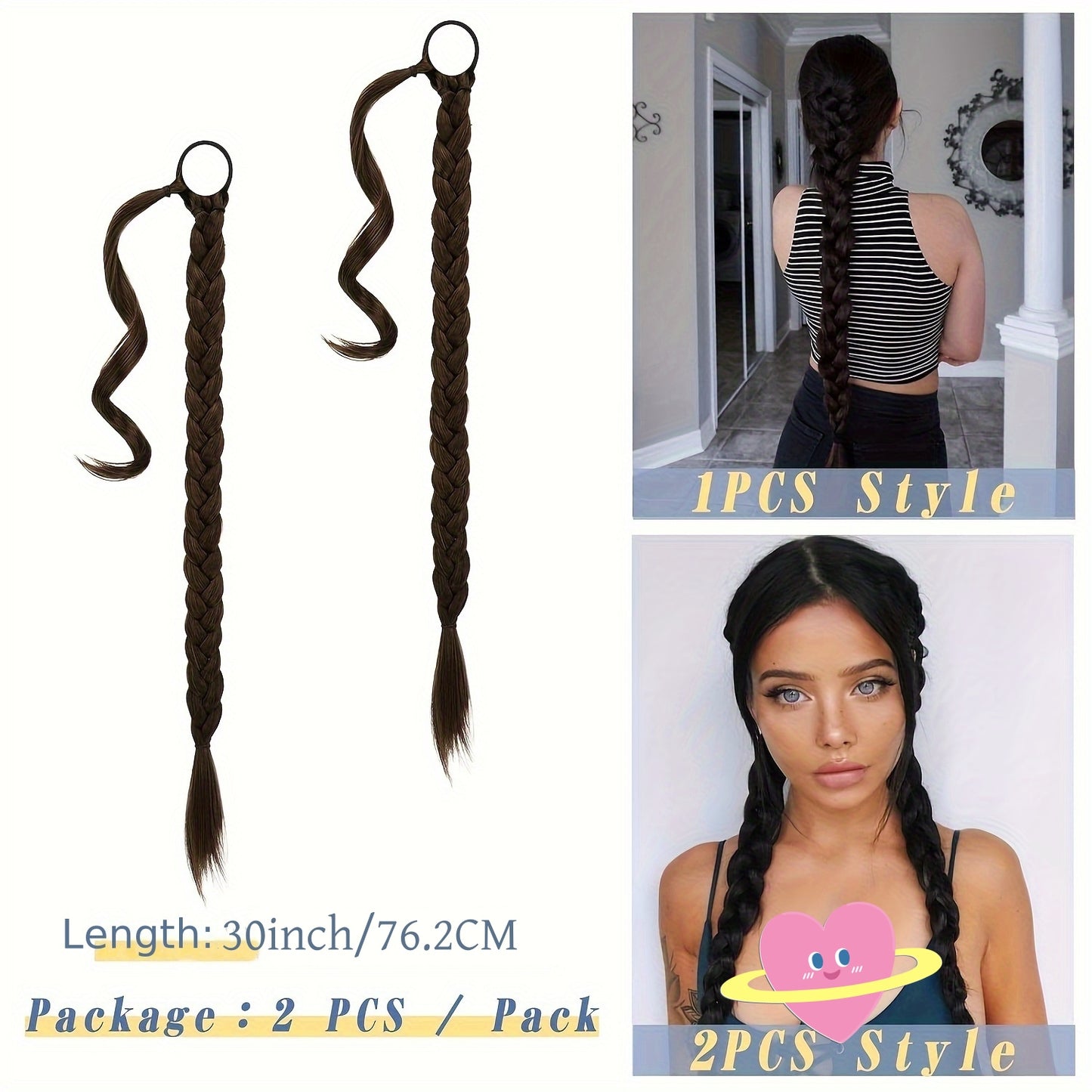 2PCS 76.2 cm Long Braided Ponytail Extension - Soft, Natural-Looking, DIY Wrap Around Hair Piece with Hair Tie - Straight, Synthetic Hair for Women and Girls