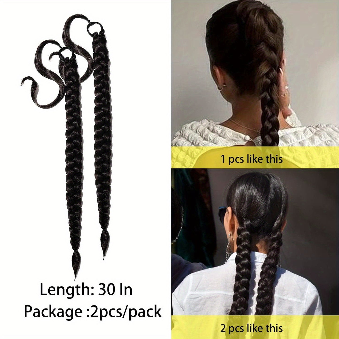 2PCS 76.2 cm Long Braided Ponytail Extension - Soft, Natural-Looking, DIY Wrap Around Hair Piece with Hair Tie - Straight, Synthetic Hair for Women and Girls