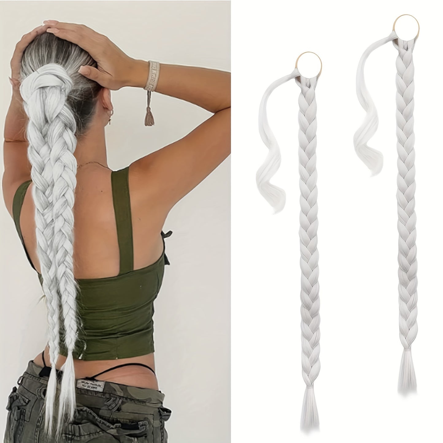 2PCS 76.2 cm Long Braided Ponytail Extension - Soft, Natural-Looking, DIY Wrap Around Hair Piece with Hair Tie - Straight, Synthetic Hair for Women and Girls