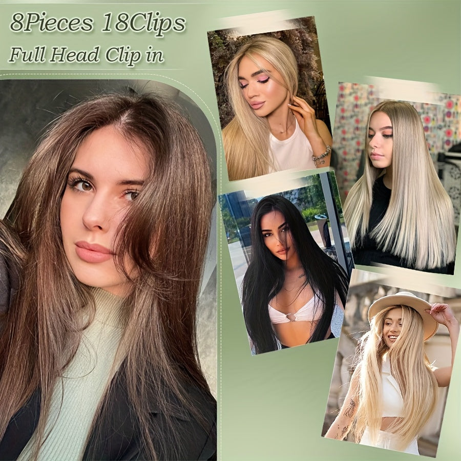 8pcs Clip In Hair Extensions Long Straight Thick Synthetic Hairpieces 22inch/55cm Silk Fiber Double Weft Natural Curly 8pieces/Set Hair Piece Highlight Mix Pure Colors For Women Daily Party Halloween Xmas