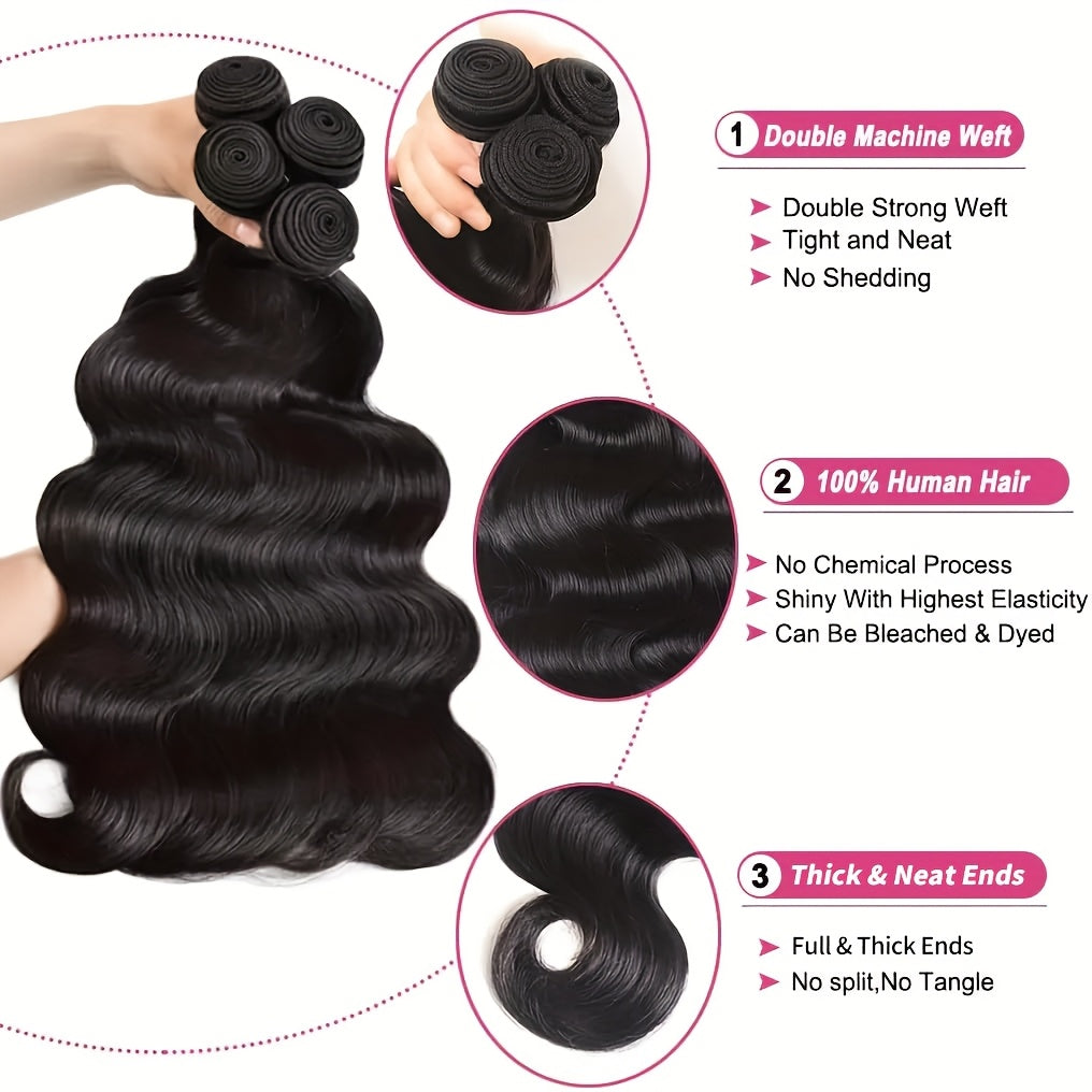 Body Wave Bundles With Closure Human Hair Human Hair Bundles With Closure 100% Brazilian Virgin Body Wave 3 Bundles Human Hair With 4x4 Lace Closure Natural Black
