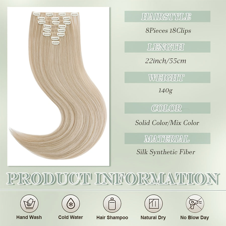 8pcs Clip In Hair Extensions Long Straight Thick Synthetic Hairpieces 22inch/55cm Silk Fiber Double Weft Natural Curly 8pieces/Set Hair Piece Highlight Mix Pure Colors For Women Daily Party Halloween Xmas