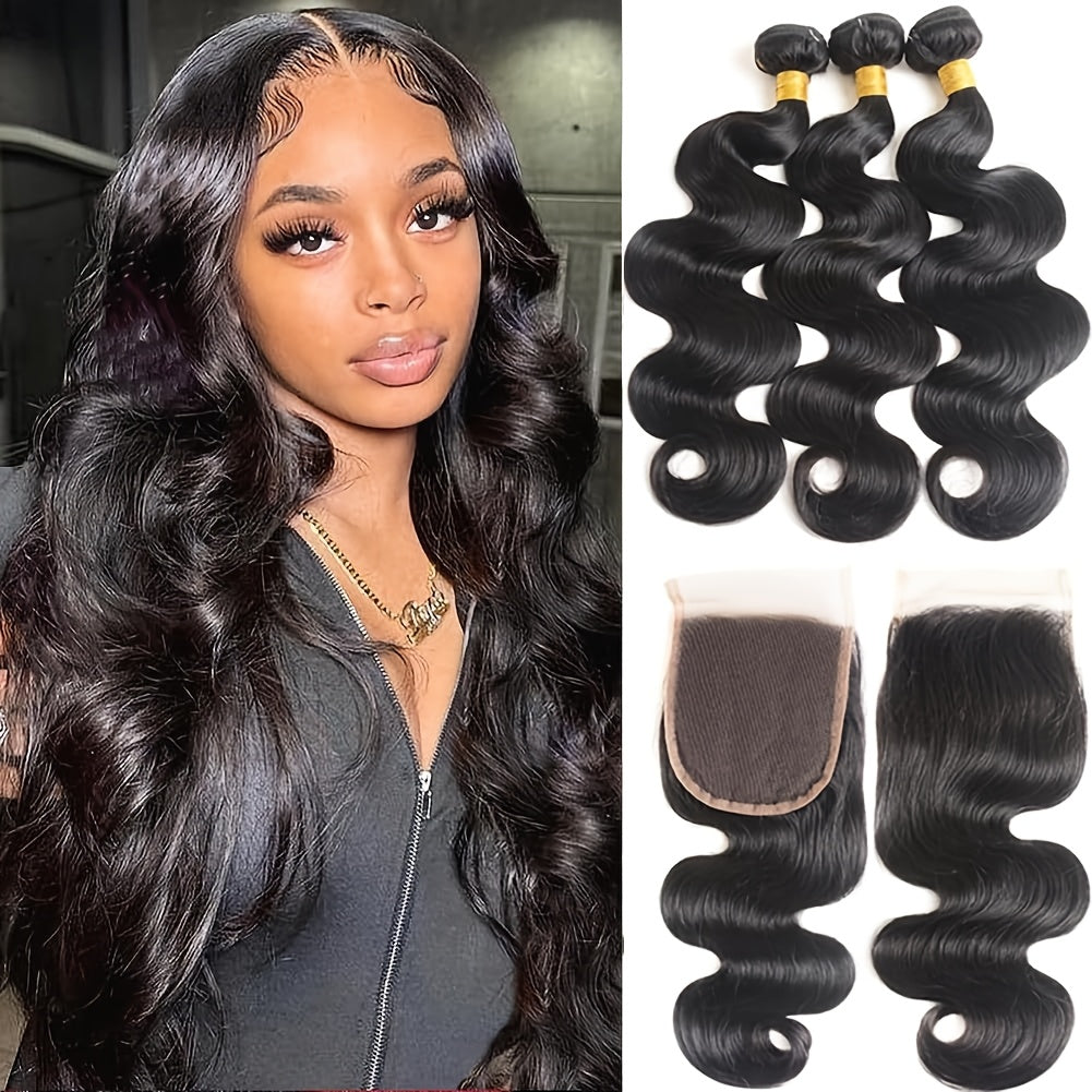 Body Wave Bundles With Closure Human Hair Human Hair Bundles With Closure 100% Brazilian Virgin Body Wave 3 Bundles Human Hair With 4x4 Lace Closure Natural Black