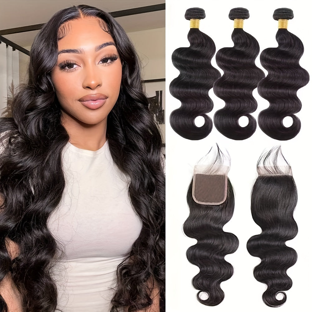 [Body Wave Hair Weave] 3 Bundles Body Wave Human Hair Weave with 4x4 Free Part Lace Closure | 100% Unprocessed Brazilian Hair, Natural Color