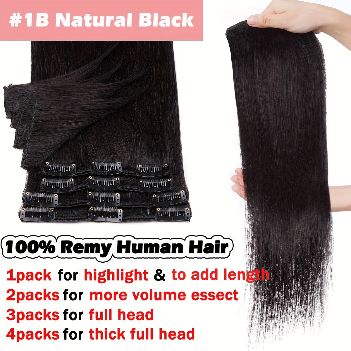 16-24Inch Clip Hair 100% Remy Human Hair Extensions 8 Pieces Full Head Long Short Standard Wefts Soft & Natural Hair Extensions
