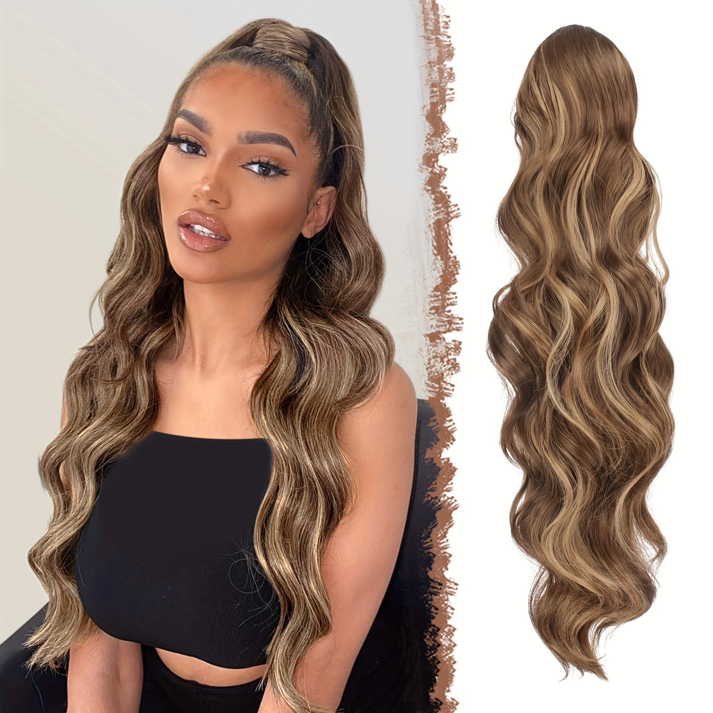 FESHFEN Long Ponytail Extension Curly Wavy Clip In Synthetic Hairpieces Drawstring Ponytail Pony Tail Hairpiece Hair Pony Extension For Women Girls